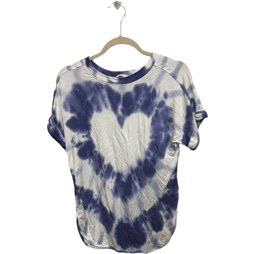 Brit NY Blue White Tie Dye Heart Tee Shirt Women's Small Rolled Sleeve